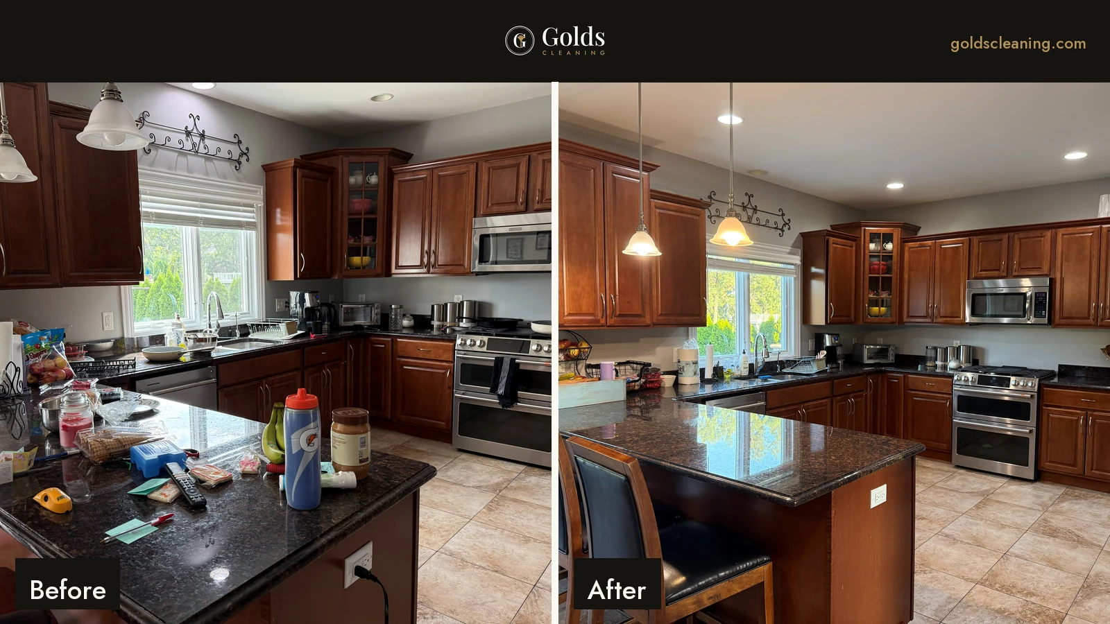 A kitchen at the end of a normal week, and the same kitchen after a visit.